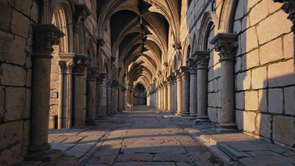 Warm sunlight illuminates a majestic ancient cloister, featuring rows of columns and pointed arches, creating a captivating atmosphere of history and serenity