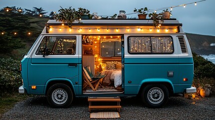 Cozy Vintage Camper Van at Dusk