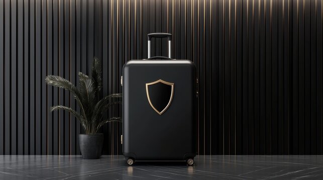 Black travel luggage with a metallic shield emblem, highlighting security and sophistication at the airport.
