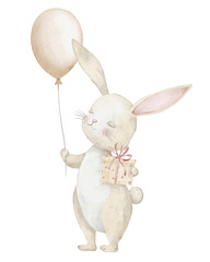 Watercolor illustration of a standing Bunny holding a Balloon and a small gift box. Drawing of cute animal for childish Birthday greeting cards or Baby shower invitations. Art for kids design.