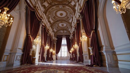 Sunlight streams through large windows into a majestic palace ballroom, illuminating red curtains, golden decorations, and crystal chandeliers