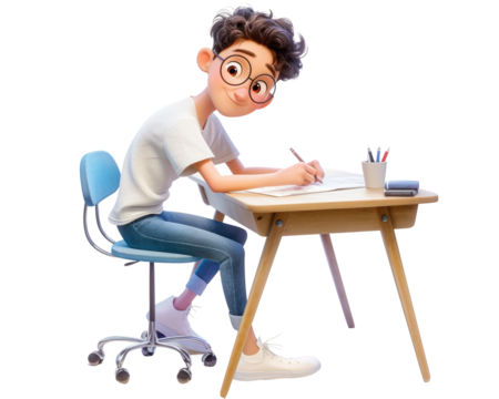 书桌前卡通男孩的学习时光