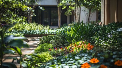 Obraz premium Lush Urban Garden Pathway Surrounded By Colorful Blooms And Vibrant Greenery In Daylight