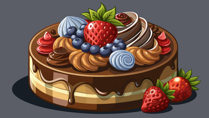 Christmas chocolate cake, a closeup photo of chocolate creamy pastries with berries on top and chocolate mousse, neutral dark background ideal for food and bakery 