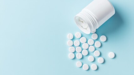 White Tablets Spill from Container on Blue Background