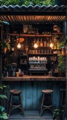 Small village coffee shack with a tin roof, handcrafted wooden bar, glowing Edison bulbs, surrounded by potted plants and antique coffee tools, retro and charming vibe