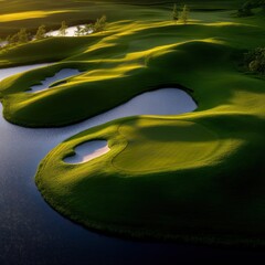 Obraz premium Aerial view of a vibrant green golf course surrounded by water and trees at sunset.