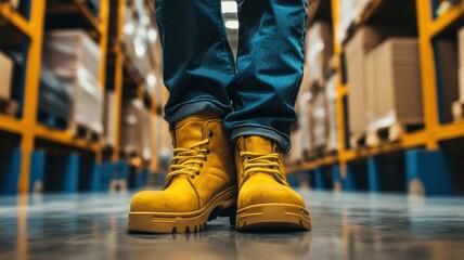 Yellow safety boots worn by worker in warehouse environment