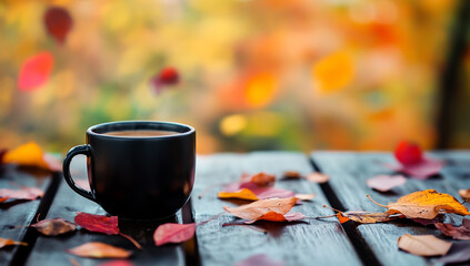 Black Coffee Cup on an Old Wooden Table with Autumn Leaves &ndash; A Cozy Atmosphere