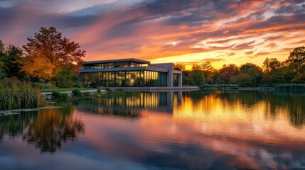 Fototapeta premium Serenity at Sunset: Elegant Modern Architecture by Calm Lake