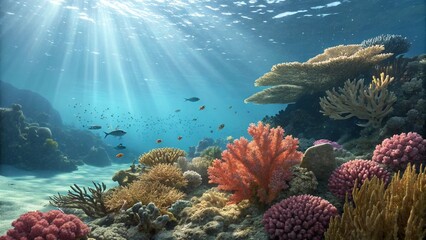 Obraz premium Close-up of underwater coral reef with sunlight rays.