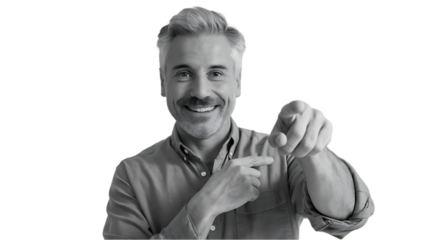 Man pointing with thumbs up in monochrome