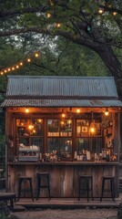 Charming countryside coffee shop, handcrafted wooden details, rustic tin roof, glowing filament bulbs, decorated with antique coffee equipment, peaceful setting