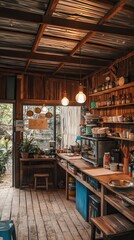 Fototapeta premium Charming Isaan countryside food shop, handcrafted wooden details, rustic tin roof, glowing filament bulbs, decorated with traditional Thai kitchen tools, serving authentic flavors