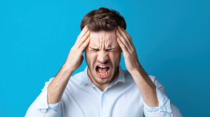 Close-up of a man in a white shirt wincing in pain, gripping his head, isolated on a blue background.
