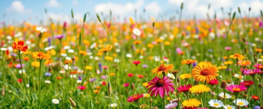 Vibrant spring meadow panorama, wildflowers in bloom, day,  natural