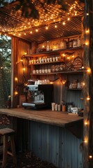 Cozy rustic coffee stall made of corrugated metal and wood, warm string lights, vintage decor, wooden countertop, peaceful countryside atmosphere, inviting and nostalgic