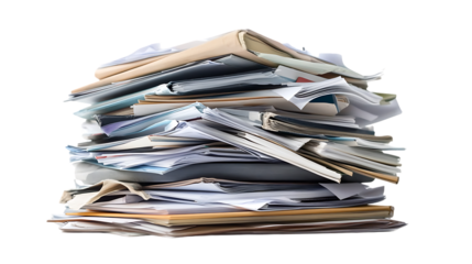 An untidy pile of documents and folders sits stacked high