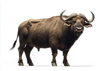buffalo with long and curved horns, on a white background