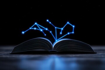 An open book with glowing constellations emerging from its pages in a dark background.