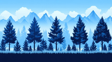 Fototapeta premium Blue Mountains Landscape, Seamless Winter Forest Background