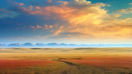 Obraz premium A semi-truck is driving along a wide, open road through a vast, green landscape under a clear sky.