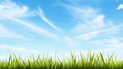 Lush green grass under a bright blue sky with wispy clouds, creating a serene outdoor atmosphere
