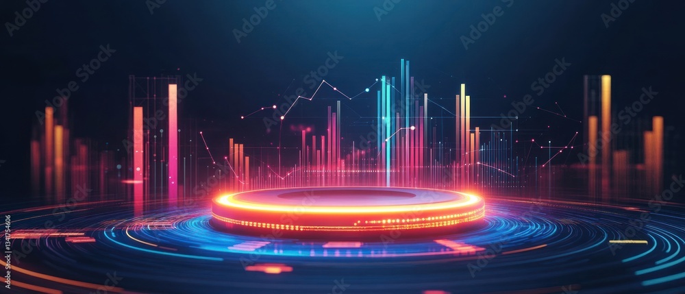 Poster futuristic data visualization with glowing elements and graphs