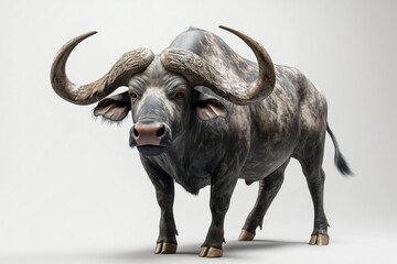 buffalo with long and curved horns, on a white background