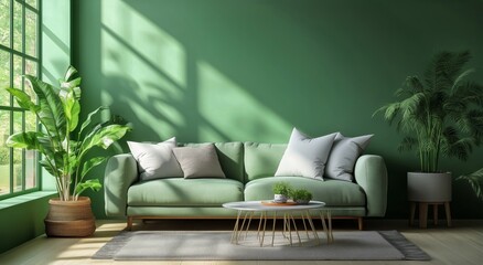 Modern Living Room With Green Wall and Natural Light in Cozy Urban Apartment