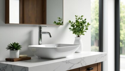 Sleek white vessel sink, light grey quartz countertop Modern bathroom design , upgrade, renovation