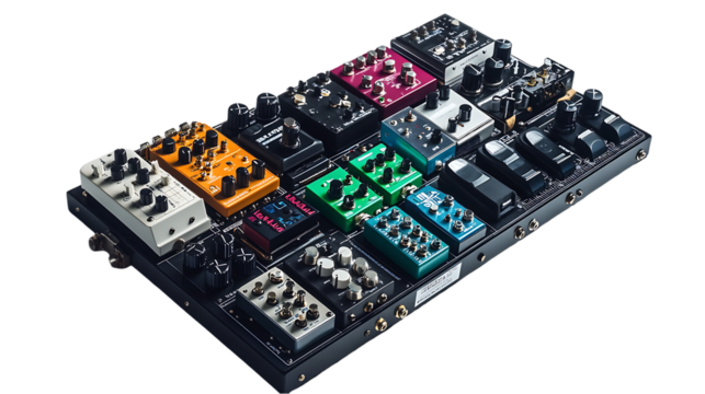 Guitar effects pedals arranged neatly on a black pedalboard