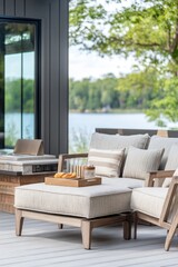 Fototapeta premium Lakeside patio furniture, relaxation, summer, overlooking lake