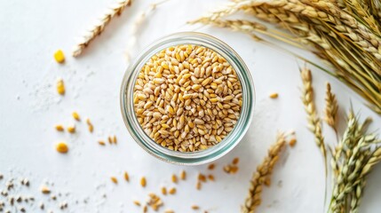 Glass Jar with Wheat Grain and Dried Wheat on White Background