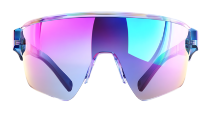 Futuristic iridescent sunglasses exhibit a captivating colorful reflective lens