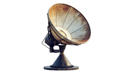 Large weathered metal parabolic dish antenna sitting on a mount