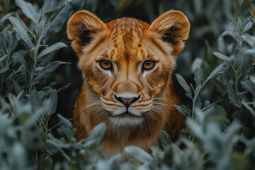 Obraz premium A lion cub is standing in a thicket of green leaves