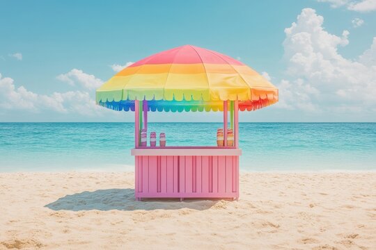 Colorful beach stall provides refreshments under clear skies and bright sun near ocean waves