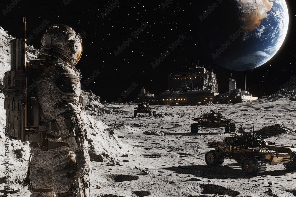 Poster astronaut explores the lunar surface while vehicles operate in the background near a base