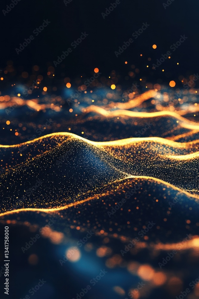 Poster abstract representation of glowing waves with golden particles in dark background