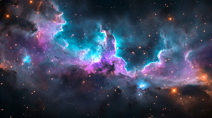Nebula's Embrace: Immerse yourself in a breathtaking cosmic vista of swirling nebulas, galaxies, and stars, where vibrant hues of teal, purple, and gold dance across the canvas of the universe.