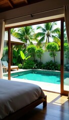 Stunning tropical pool villa bedroom & garden view, design, swimming pool
