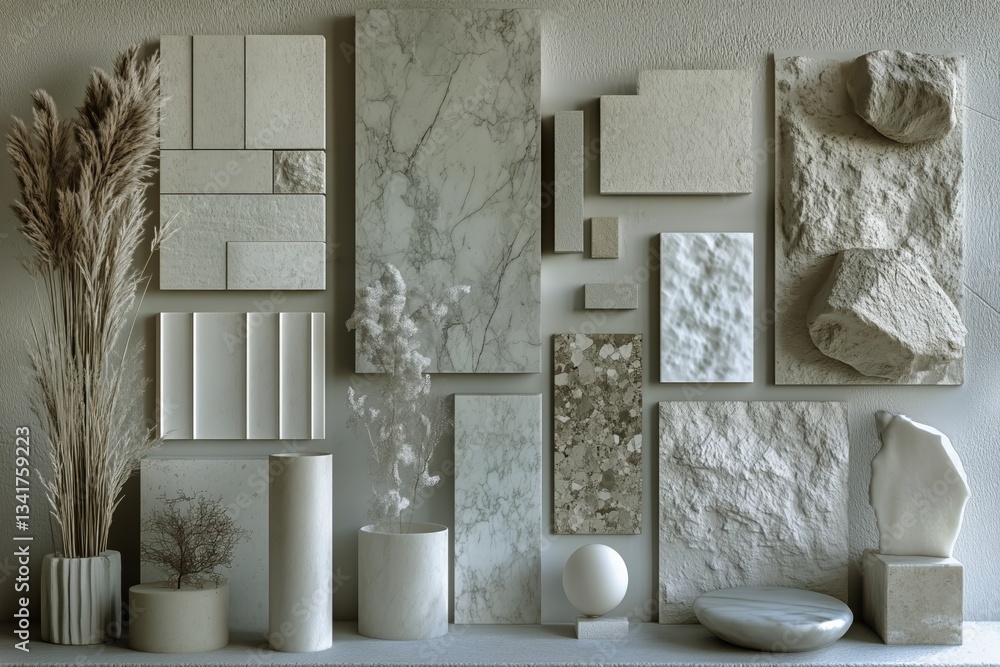 Poster natural textures and neutral colors arranged in an artistic display in a minimalist space