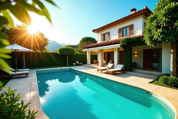 Sun-drenched villa, sparkling pool, lush garden, holiday, pool