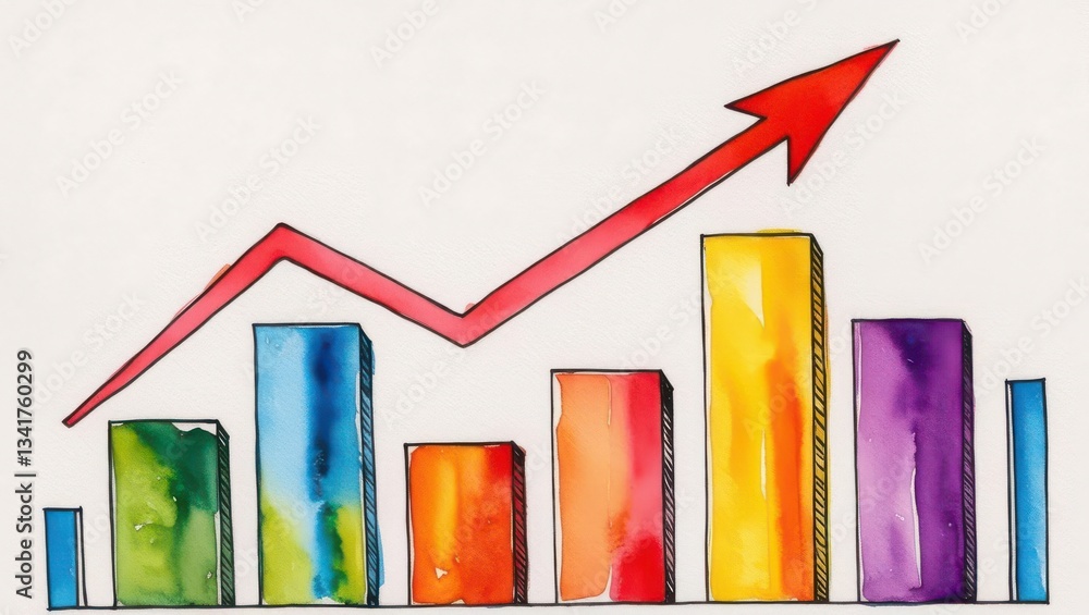 Poster a colorful, abstract illustration of bar graphs with a rising trend line, symbolizing growth and pro