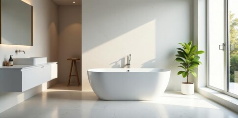 Sleek white freestanding tub in minimalist bathroom, plumbing, glossy