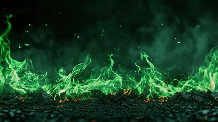 Green flames burning intensely, realistic fire overlay for VFX compositing.