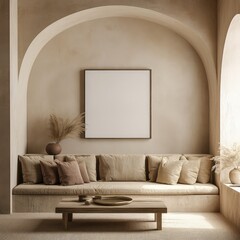 Beige couch, blank canvas mockup, arched alcove, sunlight, interior design