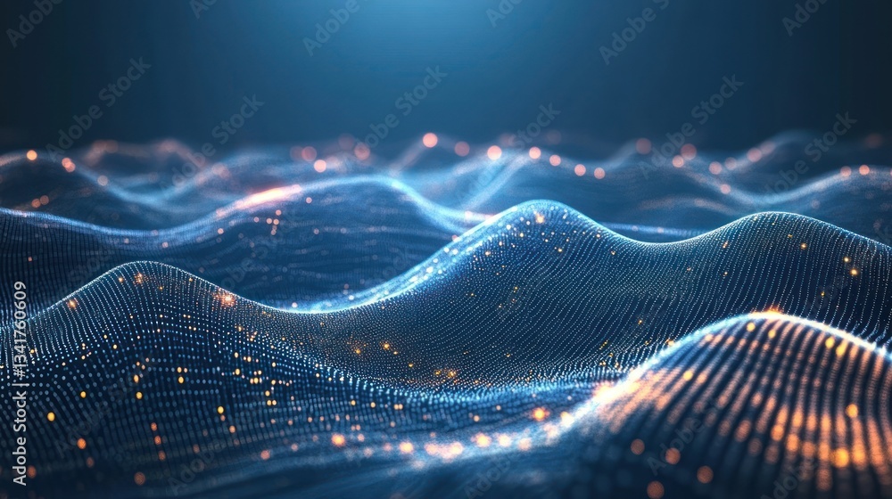 Poster abstract representation of digital waves illuminated by glowing particles