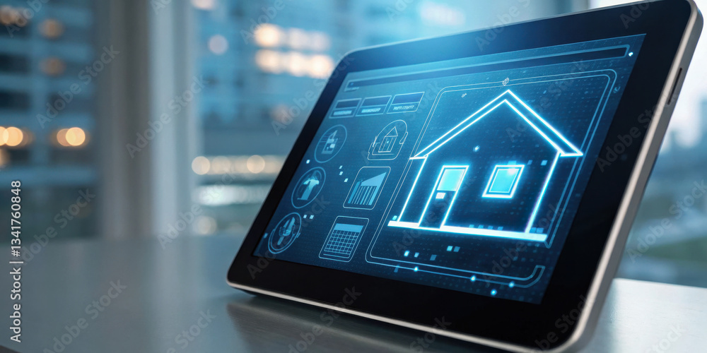Poster digital tablet displaying smart home interface with various controls and icons related to real estat